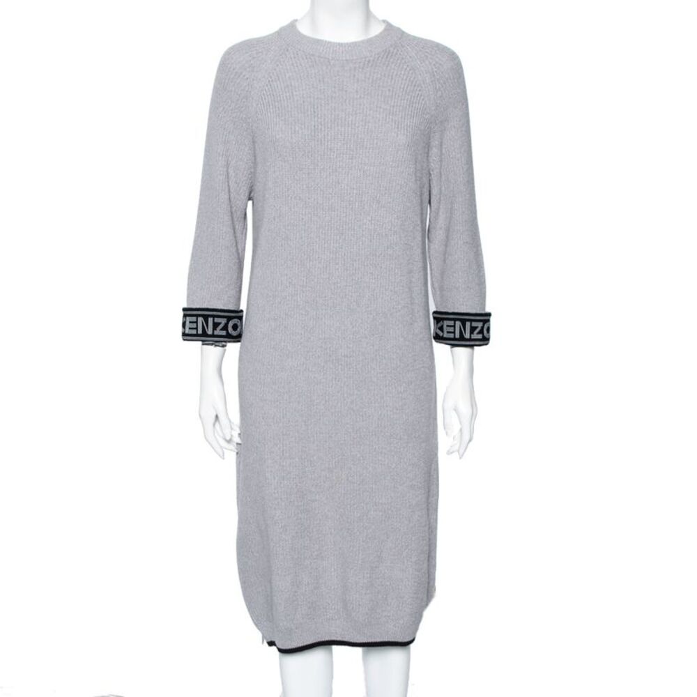 Kenzo Grey Knit Logo Trimmed Detailed Long Sleeve Sweater Dress S - Picture 1 of 5